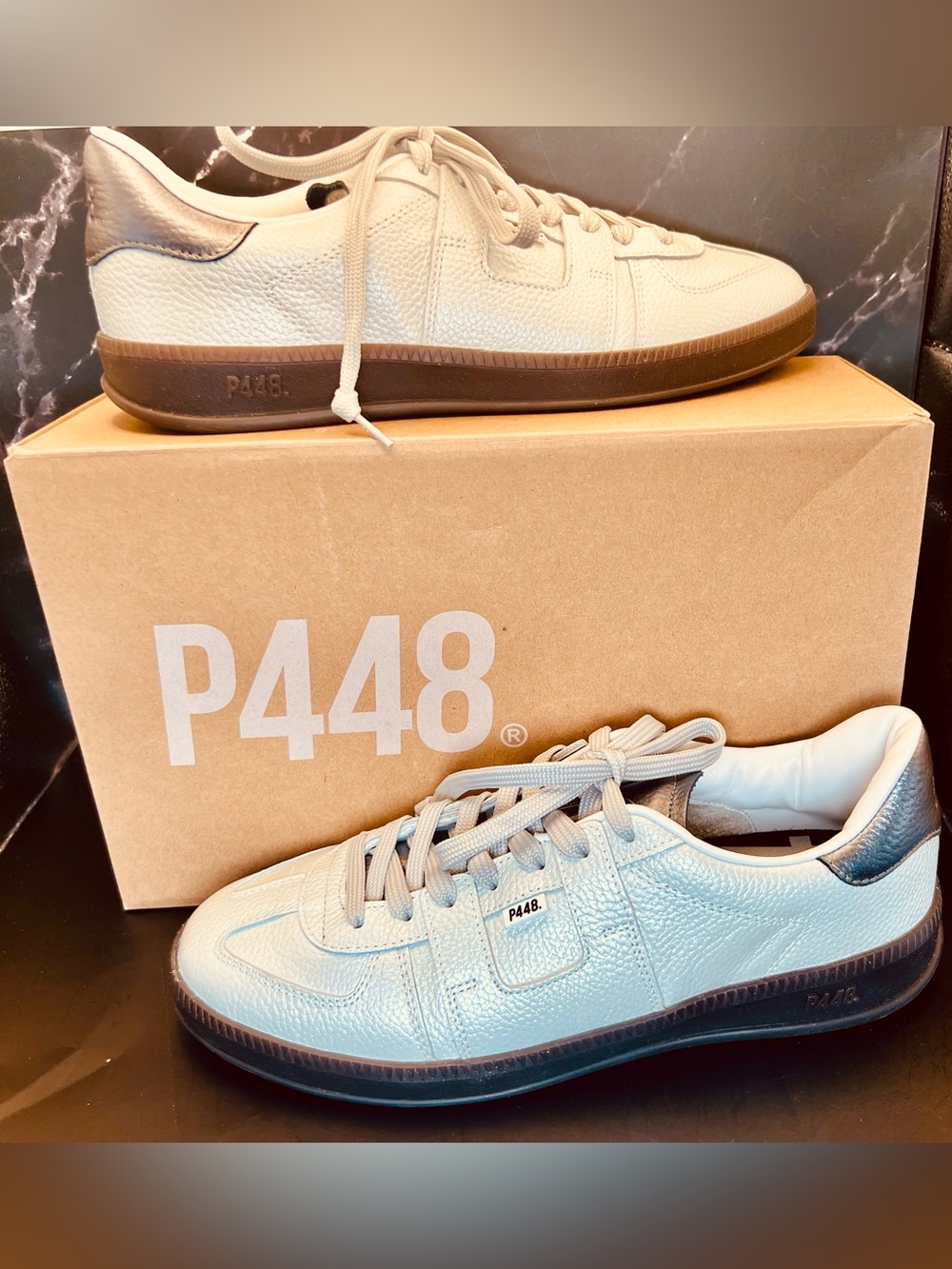 P448 Women’s Monza Sneakers in Metal Pearly White/Metallic Heel Tab Size 38 & 40